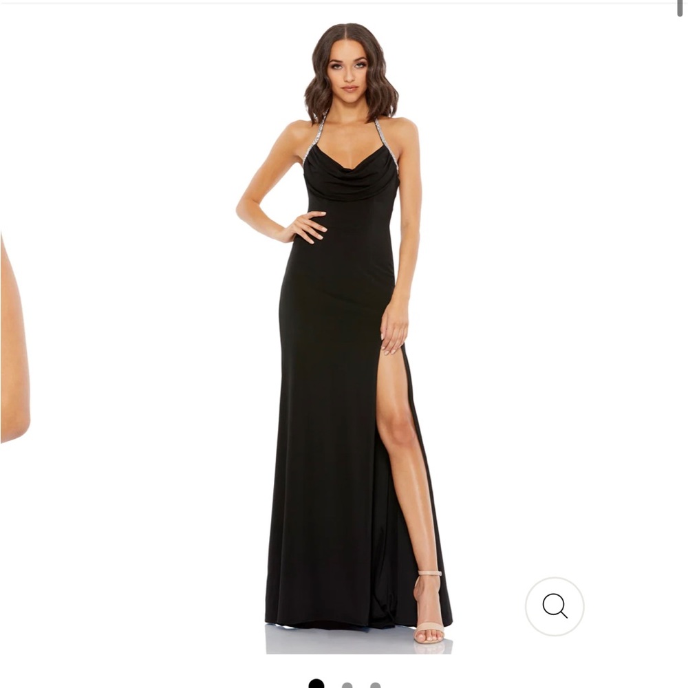 Cowl neck halter strap low back gown; black
